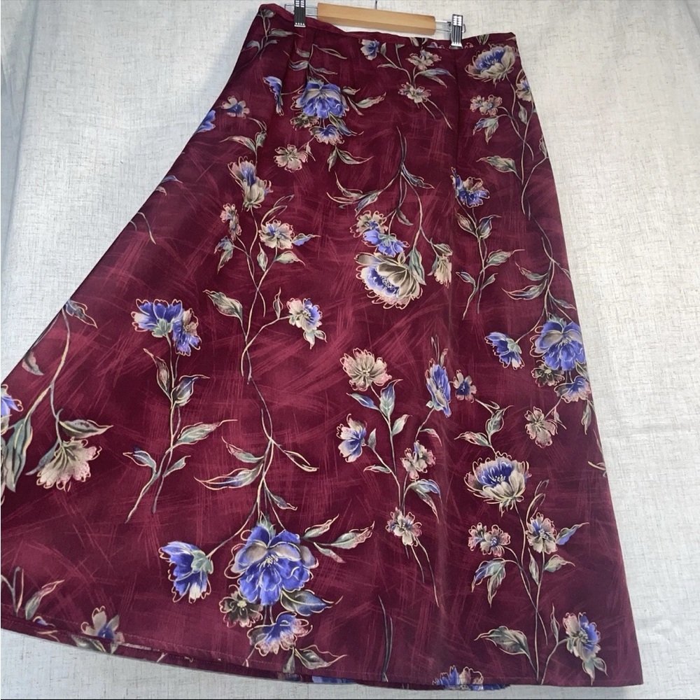 Wine Red Whimsigoth Botanical Floral Print Aline Midi Skirt Size 14